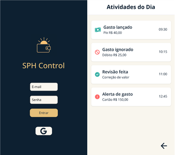 SPH Control: login e feed de atividades do dia
