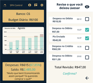 SPH Control: tela de revisão de transações pendentes